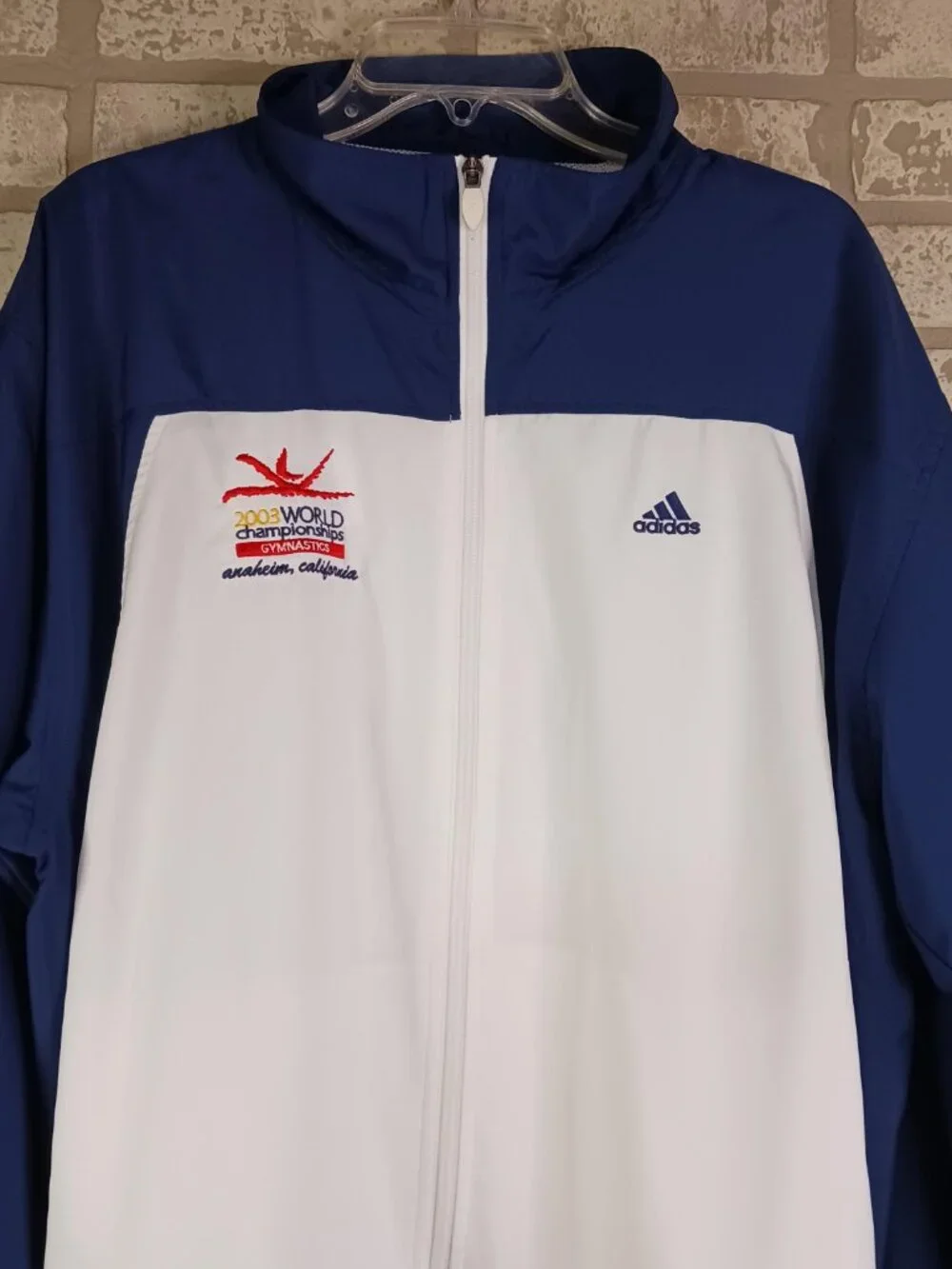 adidas 2003 World Champion Gymnastics Mens Large Jacket Zip Up White & Blue